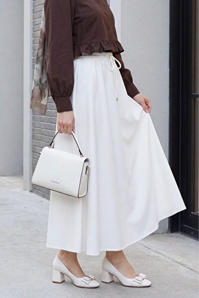 Modamorfo Elastic Waist Lace Detailed Pocketed Tencel Skirt - Ecru