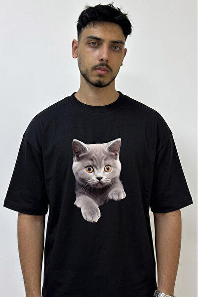 Anetos Gray Kitten Design Printed Oversize Black T-Shirt