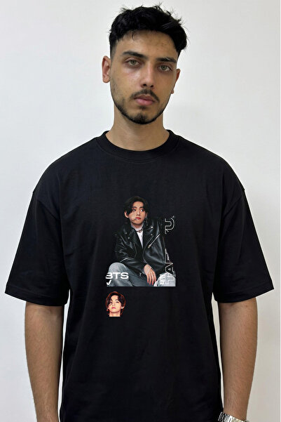 Anetos Bts Taehyung Design Printed Oversize Black T-Shirt