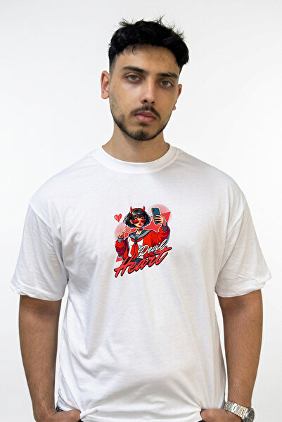 Anetos Anime Devil Girl Design Printed Oversize White T-Shirt