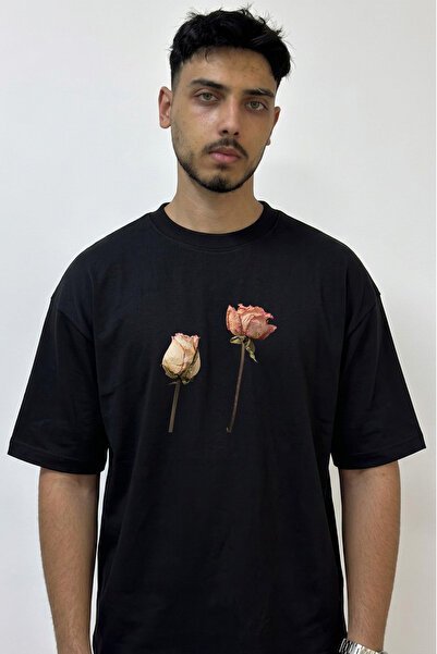 Anetos Dried Rose Design Printed Oversize Black T-Shirt