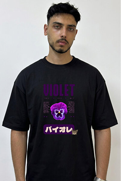 Anetos Violet Pansy Design Printed Oversize Black T-Shirt