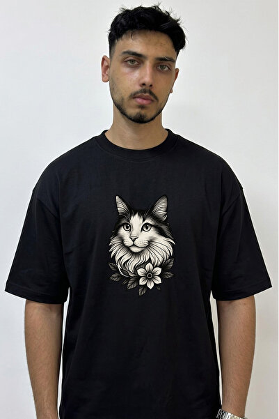 Anetos Cat Cicek Design Printed Oversize Black T-Shirt