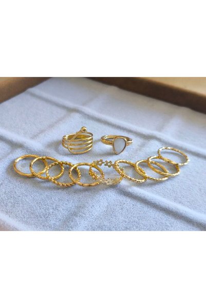 MuseumofYou Multiple Ring Set, Adjustable, White Drop Stone, Gold Color (11 Pieces)