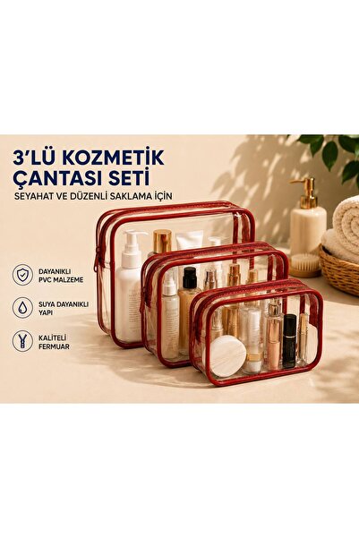 MODEL 3'lü Su Geçirmez Pvc Makyaj Ve Organizer Düzenleyici Seyahat Çantası Seti