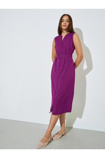 Styli Magenta Belted Sheath Midi Dress