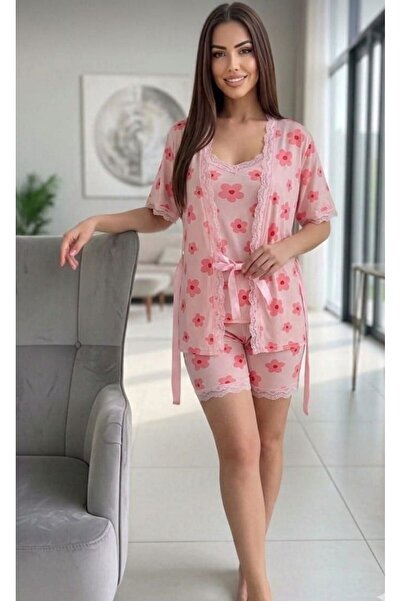 Ryam Mooda 3-Piece Lace Detailed Milan Lycra Shorts Kimono Pajama Set