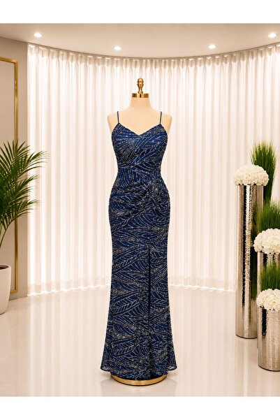 Premium Abiye Askılı Drape Detaylı Balık Model Yırtmaçlı Abiye Elbise
