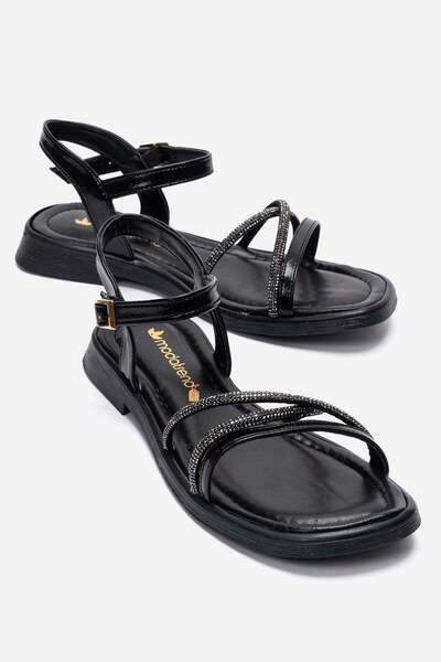 CCWAY AYAKKABI 2 Stone Detailed Single Flat Strap Women's Sandals Black Yanki