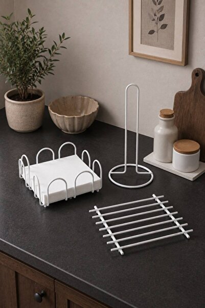 KARTEYA White Serving Presentation Set 3-Piece White Kitchen Towel Holder Nap...