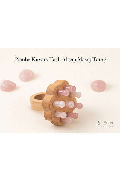 BiSimya Aktar Pembe Kuvars Taşlı Çiçek Ahşap Masaj Tarağı