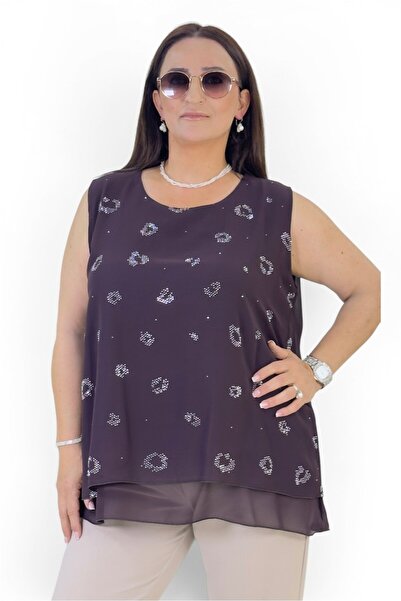 yagmurberen Crew Neck Japanese Sleeveless Stone Embroidered Double Layer Plus...