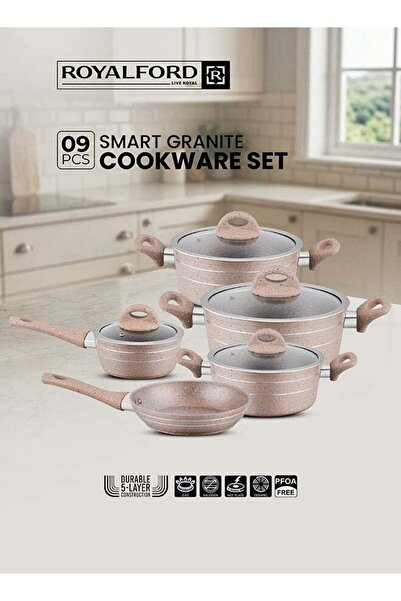 ROYALFORD 9-Piece Smart Non-Stick Cookware Set RF9555BGE – 5-Layer Granite Co...