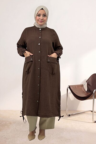 Eslina 63009 Large Size Linen Cap with Snap Fasteners and Eyelet Detail - Brown