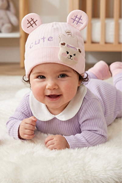 Kayra Baby Kız Bebek Cute Ayıcık Figürlü Penye Şapka 0-9 Ay