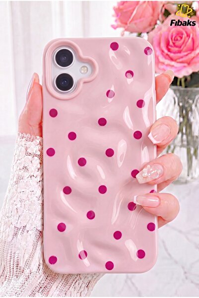Fibaks iPhone 17 Kılıf Dalgalı Desenli Pembe Puantiyeli Silikon Şık Tasarım T...