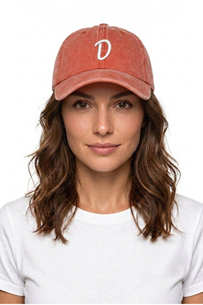 ŞapkaMania Orange Embroidered Washable Vintage Unisex Hat with Letter D