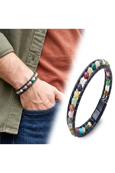 OGHAMAY 6mm Chakra Agate Stone Leather Cord and Zamak Lock Bracelet 18392B2D6M5