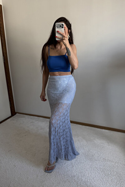 MoyStore Baby Blue Lace Lined Midi Skirt