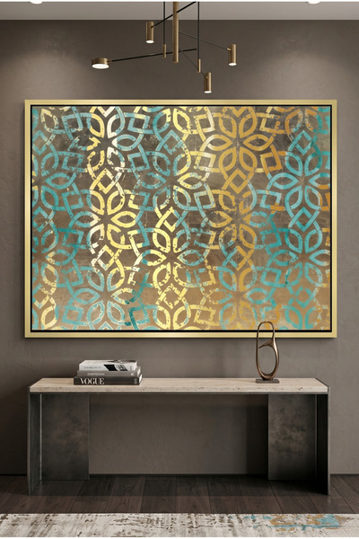 Jasmine Art Gold Teal Pattern Islamic Wall Art | Framed Canvas Print with Gol...