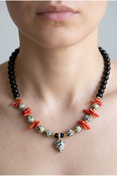 elinasaccessories Dalmaçya Jasper Oniks Mercan Doğal Taş Kolye Pandantif El Y...