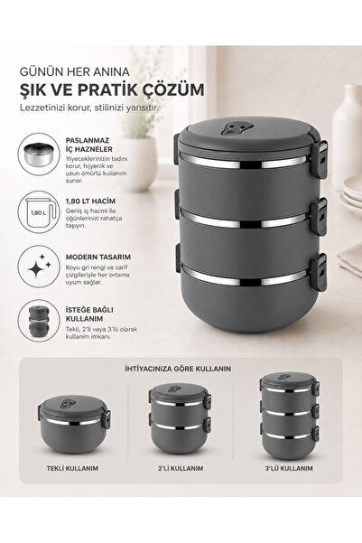 BERMİRA Home Collection 3 Katlı Sızdırmaz Yemek Termosu Modern Sefer Tası Öze...