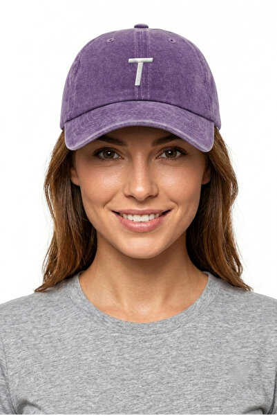 ŞapkaMania Purple Embroidered Washable Vintage Unisex Hat with Letter t