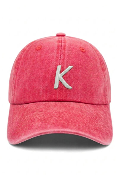 ŞapkaMania Red Embroidered Washable Vintage Unisex Hat with Letter K
