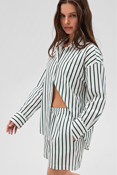 GRIMELANGE Liya Women's Oversize 100% Cotton Shorts and Shirt Green-Striped T...