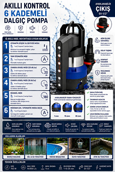 OPTIVEX Akıllı Kontrollü Kirli ve Temiz Su Dalgıç Pompa 750W