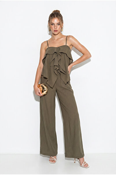 Bianco Lucci Women's Strappy Ruffle Detailed Blouse Loose Pants Modal Suit Dt...