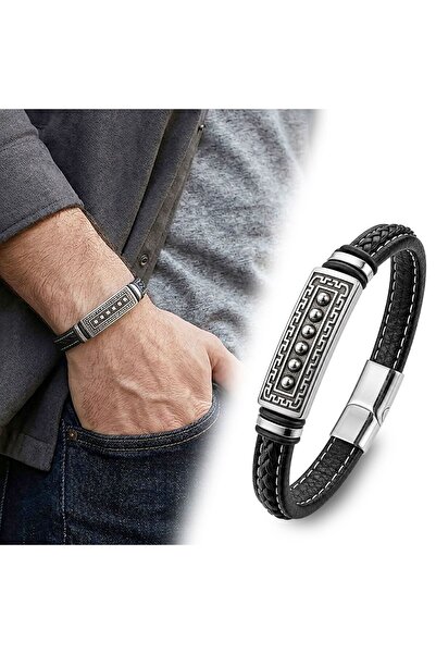 OGHAMAY Greek Key Patterned Steel Locking Black Leather Men's Bracelet 18391B8D2