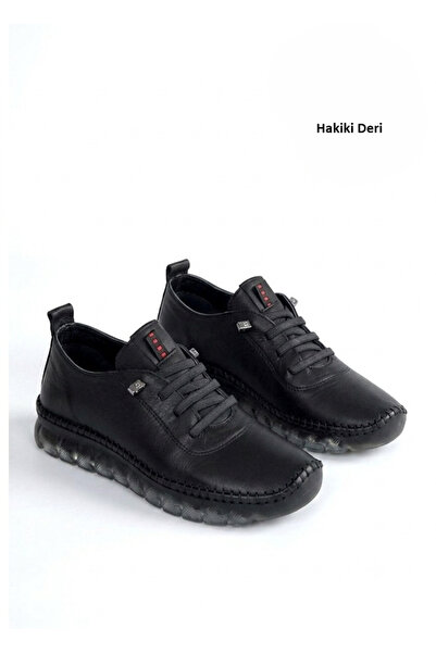 Zerenyus Jiten Black Genuine Leather Lace-Up Women's Sports Shoes