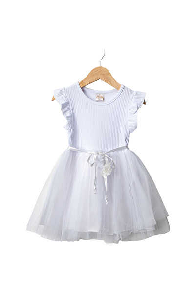 LENDASHOP Girl's Cotton Fabric Tulle Dress with Ruffle Sleeves, Ages 2-5