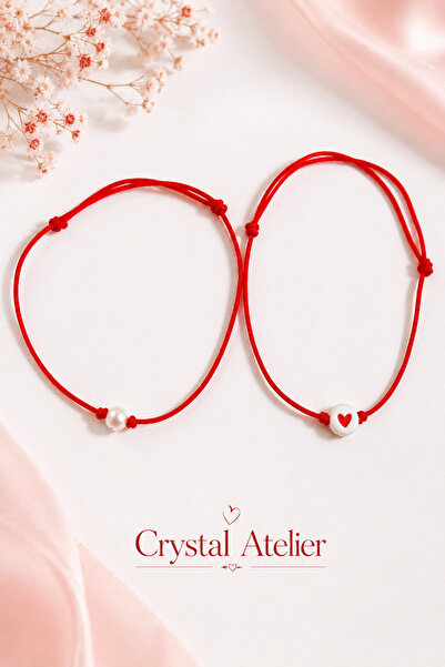 Crystal Atelier Kırmızı İp İnci Kalp Ayarlanabilir Sevgili Bileklik Seti