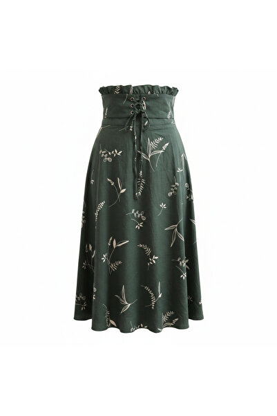 Generic Women's Green Floral Lace-Up Midi Skirt