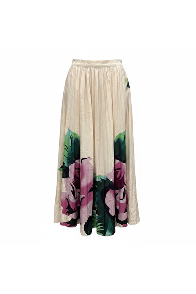 AIN Women's Cream and Pink Floral Pleated Midi Skirt