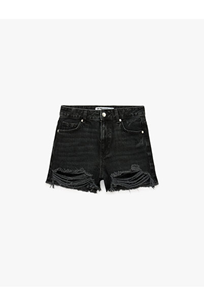 Koton Distressed Detailed Cotton Pocketed Buttoned Mini Denim Shorts