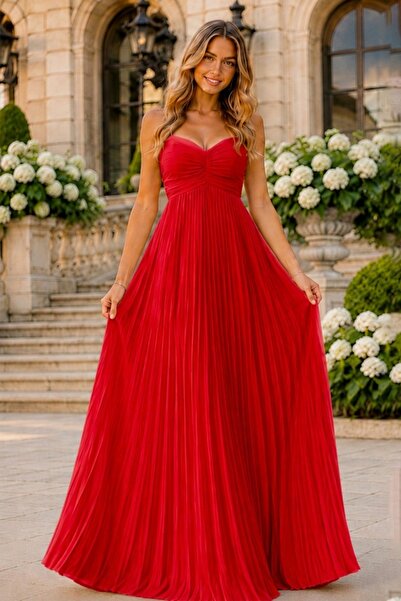 FashionForYou Μακρύ πλισέ φόρεμα NYSA UNI, με δέσιμο στην πλάτη, Κόκκινο, Μέγ...
