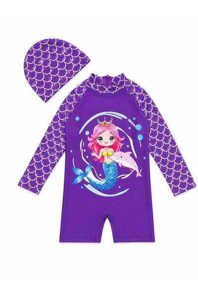 Fil Kids Girl's Purple Color Long Sleeve Boneli Mermaid Dolphin Patterned Tight Weaving Quick Drying Swimsuit Set