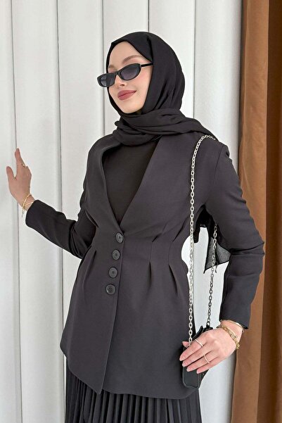 Modaensarbutik Ön Ve Arka Çift Pensli Yakasız Ceket-SİYAH
