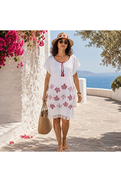 BIJUTERI Par-13028 White Burgundy Leaf Printed Muslin Beach Dress & Pareo |  ...