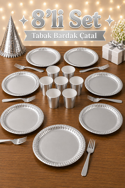 Baloncu Nene 8-Piece Shiny Silver Cardboard Plate Cup Fork Set Metallic Silve...