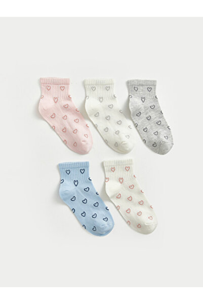 LC Waikiki Rmz Gi̇yi̇m Farkiyla Heart Embroidered Girls' Booties Socks 5-Piec...