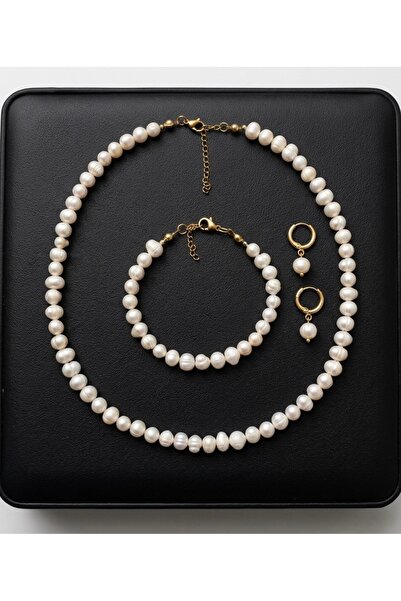 Taşmir Sertifikalı 6-7 mm Doğal Inci Kolye Bileklik Küpe Set - Pirinç 14 K Al...