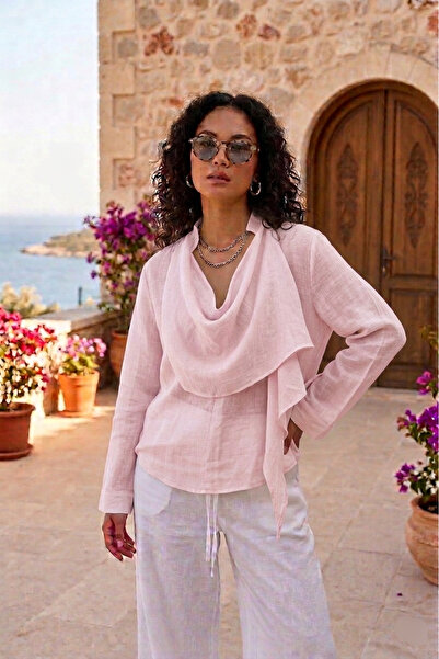 Lovely butik Γυναικεία μπλούζα Degaje με γιακά σάλι, λινό ύφασμα και διαφανή υφή