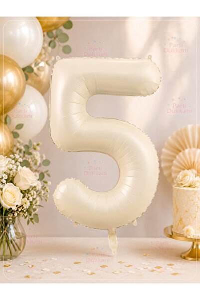 Parti Dükkanı 5 Rakam Folyo Balon 34 İnç 76 CM Krem Beyaz | Helyum Uyumlu Doğ...
