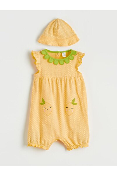 LC Waikiki Lcw Baby Yellow Baby Girl Embroidered Combed Cotton Jumpsuit and Hat