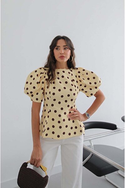 Havoş Yellow Watermelon Sleeve Polka Dot Blouse