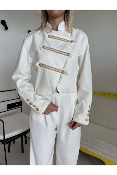 Bade Butik Ecru Padded Epaulet Buttoned Jacket